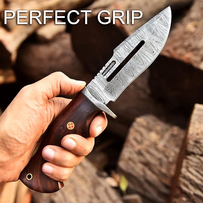 Handmade Damascus Hunting Knife with Leather Sheath - Ideal for Skinning, Camping, Outdoor - EDC Fixed Blade Bushcraft Knife with Walnut Wood Handle- Horizontal Carry Knives For Men-4002