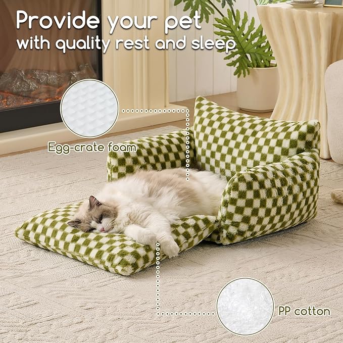 Hollypet Cat Bed Fluffy Plush Mutifuctional Double-Layer Soft Pet Couch Orthopedic Sofa Nest Beds for Small Cats and Dogs, Green and White (25x20x13 inch)