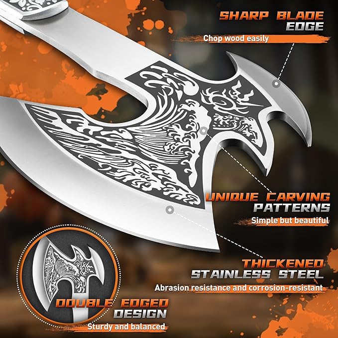 TIVOLI 12.2" Camping Axe, Wave - Patterned Survival Hatchet with Nylon Sheath, Multi Functional Shock-Absorbing High Carbon Steel Blade Outdoor Bushcraft Axe for Camping, Hiking, Chopping, Hunting