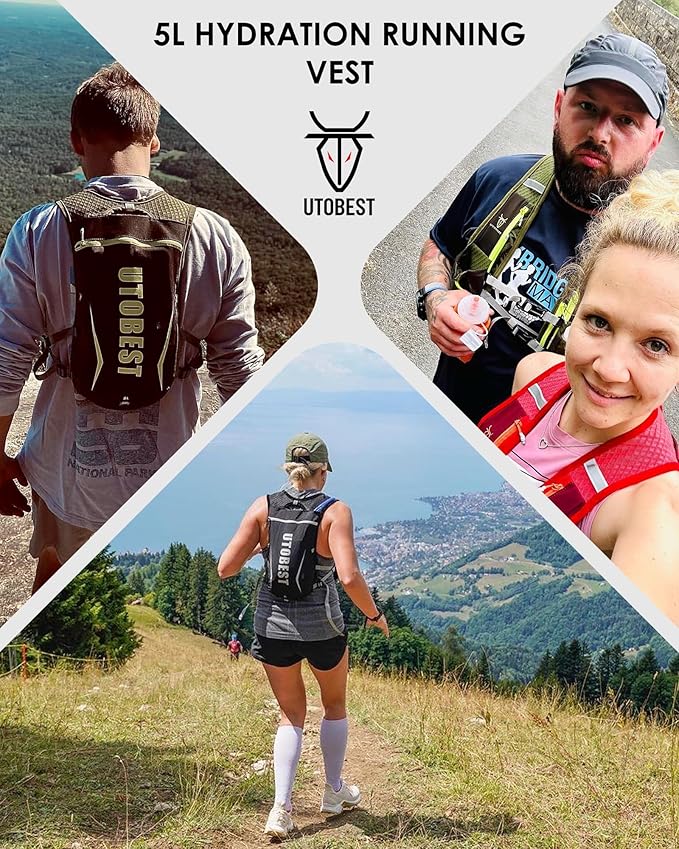 Running Vest, 5L Hydration Vest Lightweight, Breathable and Sweatproof Running Backpack, Adjustable Running Hydration Vest for Trail Running Marathon Race Jogging Cycling