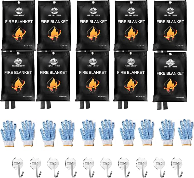 SAFECASTLE Emergency Fire Blanket 59"x59" Large Size 10 Pack + 10 Hooks & 10 Gloves Fire Retardant Blanket with Fireproof Tabs for Home, Outdoor, Office, Car & Camping Fire Protection Survival Safety