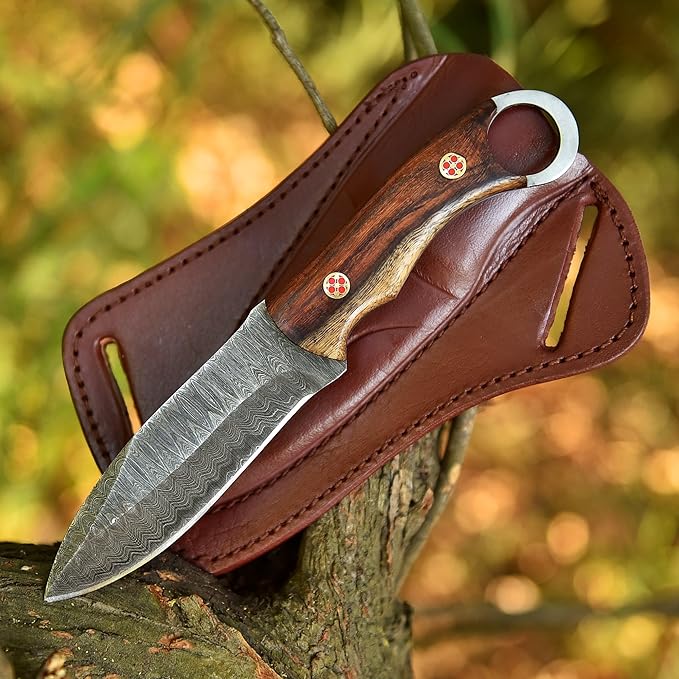 Custom Handmade Fixed Blade Hunting Knife - 9 Inch hand Forged Full Tang Knives For Hunting, Outdoor Camping, Hiking, Fishing, Bushcraft Knives With Leather Sheath. (Damascus - 1)