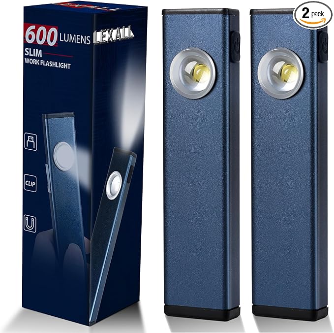 lexall 2 Pack Rechargeable Work Light, 600 Lumens Portable LED Flashlight, Magnetic COB Flat Task Light with Pocket Clip, 3 Modes, Pocket Pen Inspection Light for Repairing, Camping, Hiking, Emergency