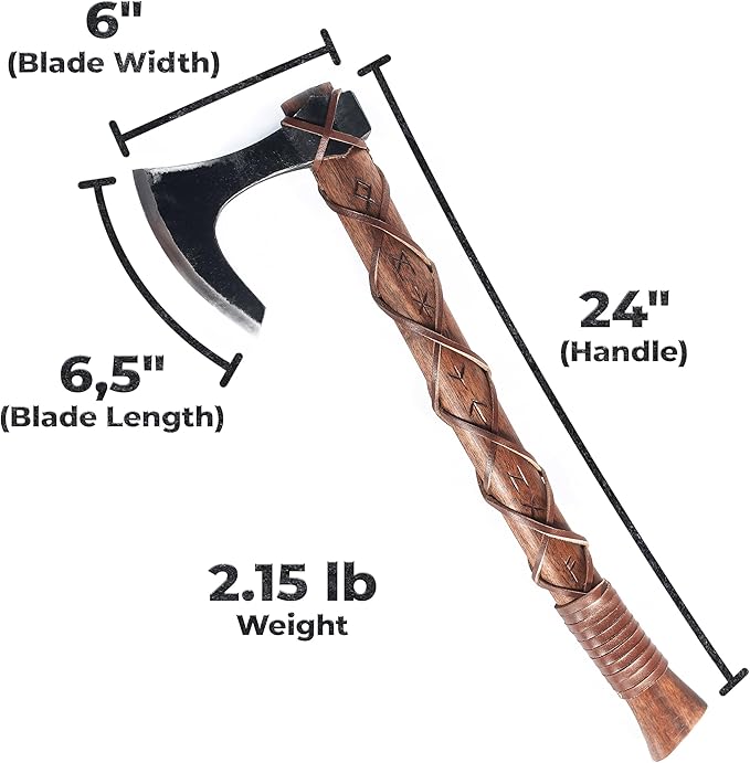 Two-Handed Viking Axe with 1095 Carbon Steel Axe Head - Includes Forged Iron Wall Mount Hooks (2) - Teakwood Shaft with Hand-Engraved Norse Runes | The Skeggøx