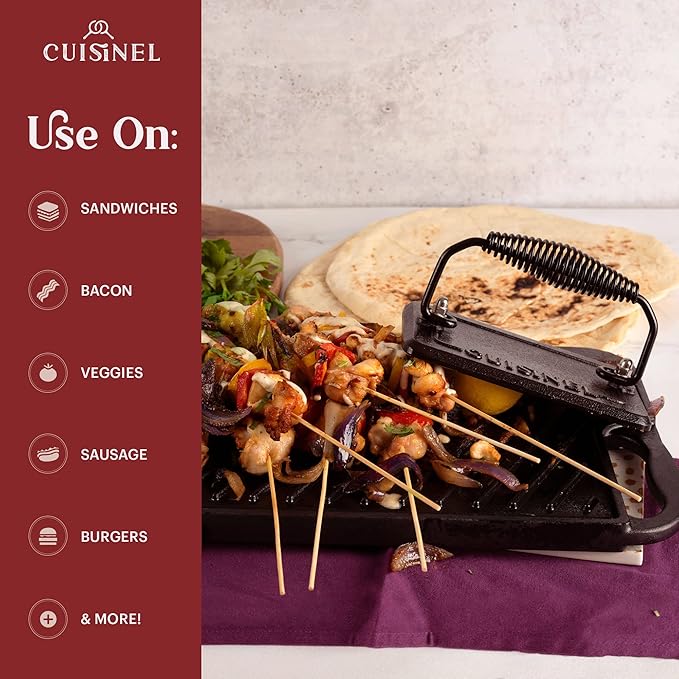 Cuisinel Cast Iron Grill Pan + Rectangular Cast Iron Grill Press + Tempered Glass Lid + Pan Scraper ??Pre-Seasoned Ribbed Skillet ??10.5"-Inch Square Grilling Indoor/Outdoor Camping Fire BBQ Cookware