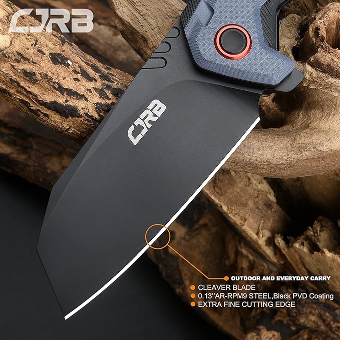 CJRB Tigris Tactical Knife, Pocket Knife with AR-RPM9 Powder Steel Black PVD Blade Black & Blue G10 Handle for EDC Camping Hunting (J1919)