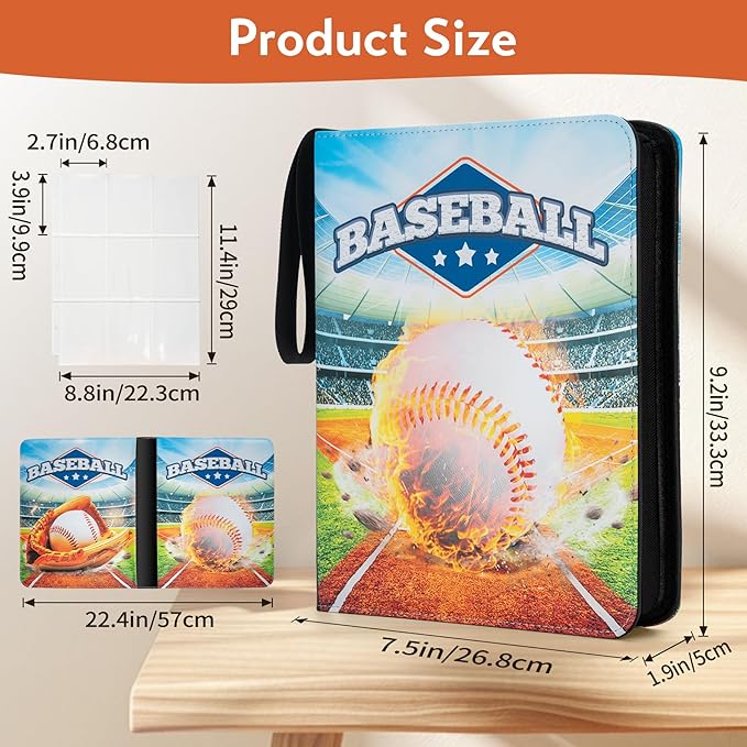 9 Pockets Trading Sports Card Binder with Sleeves, 50 Removable Pages, 3 Ring Zipper Binder Collectable Card Book Album with Strap, Compatible with 2025 Topps Baseball Cards(Baseball Glove)