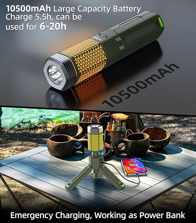 Telescopic Camping Light, Portable Collapsible Magnetic Camp Lantern Rechargeable,10500mAh Telescoping IP67 Waterproof Flashlights, Outdoor Gear for Emergency, Camping, Hiking (Army Green)