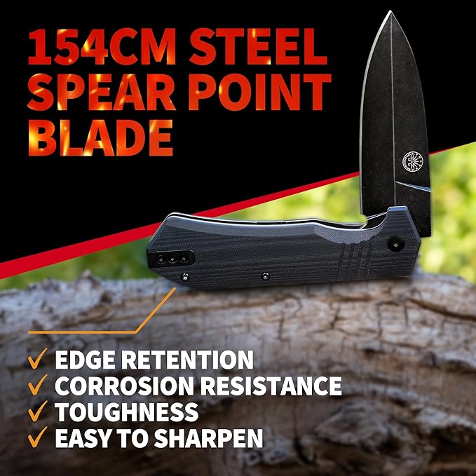Off-Grid Knives - Stinger XL Folding Knife w. Spear Point Blade, Crucible 154CM Steel, G10 Scales, Deep Carry Clip (Blackwash)