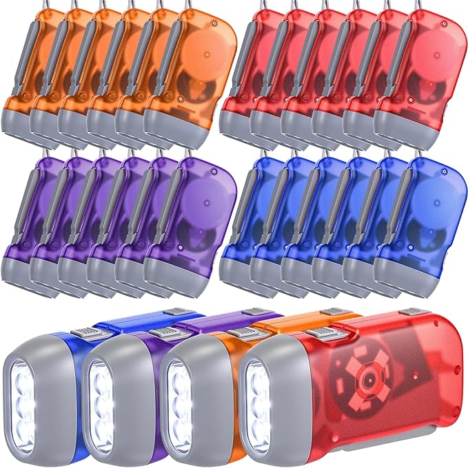 Mudder 24 Pieces Hand Crank Flashlight with LED Self Powered Charging Torch Dynamo for Camping Emergency(Red, Blue, Orange, Purple)