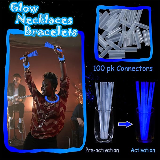 100 pk 8" Glow Sticks Bulk Party Favors, Light up Glow Necklaces & Bracelets in the Dark Party Supplies For Christmas Halloween 4th of July Birthday Neon Party (100 * Blue)