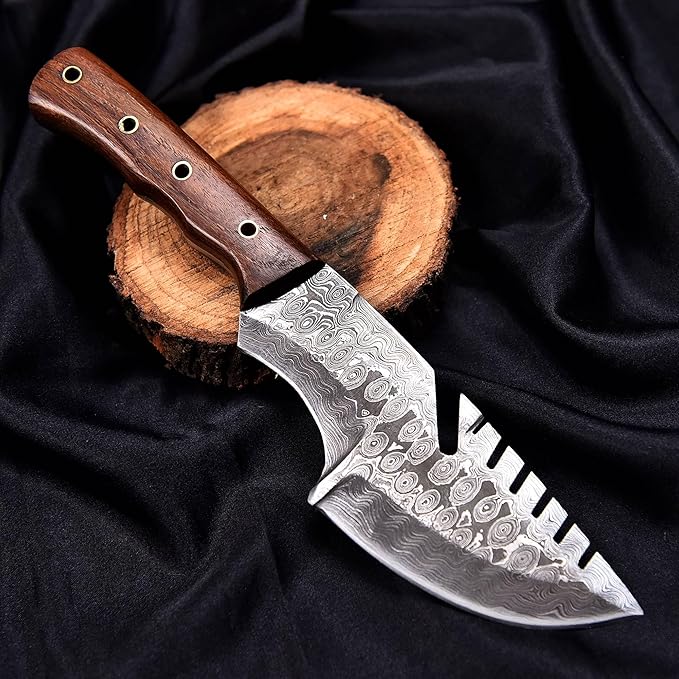 9.5" Handmade Damascus Knife with Leather Sheath | Elite Outdoor Companion | Damascus Steel Blade with Wood Handle | Dark Brown Handle with Sheath Included | Unparalleled Camping Performance