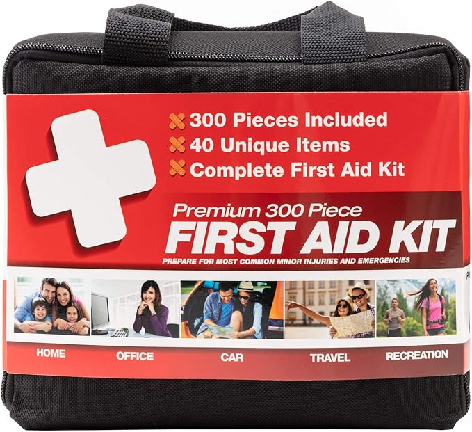 M2 BASICS Premium First Aid Kit, 300 Pieces, 40 Unique Items ??First Aid Kit for Home, Car, Vehicles, Business, Travel, Outdoors, Camping, Travel Sports ??Durable Bag, Emergency Medical Supplies
