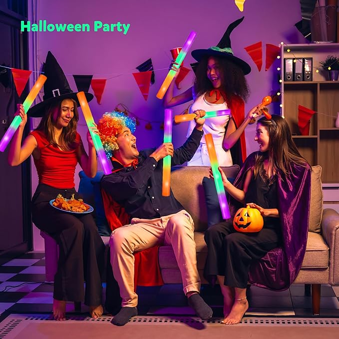 32 Packs 16 inch Foam Glow Sticks Bulk, 3 Color LED Light Foam Sticks, Glow in The Dark Party Supplies, 3 Modes Colorful Flashing for Birthday Halloween Thanksgiving Xmas Party Wedding