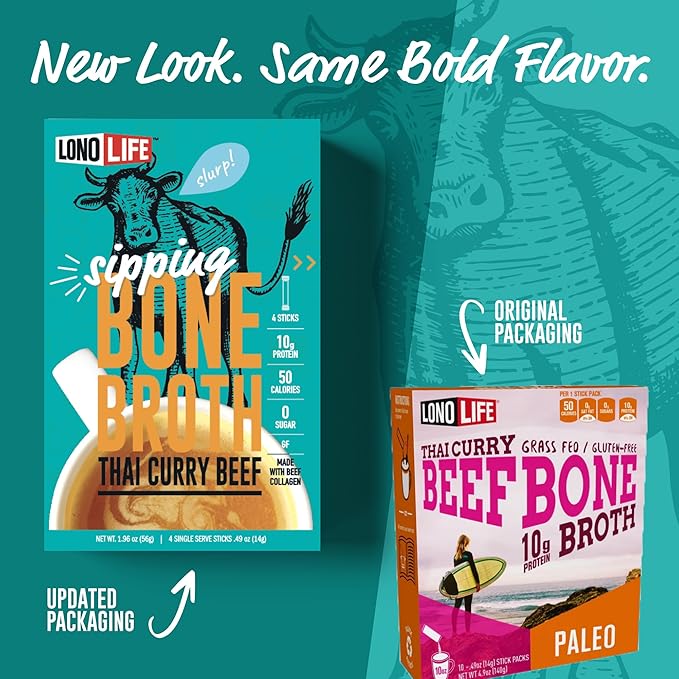 LonoLife Thai Curry Beef Bone Broth Powder Mix | Grass-Fed, 10g Protein | Collagen-Rich, Keto & Paleo Friendly | Natural Ingredients | 4 Portable Stick Pack Servings