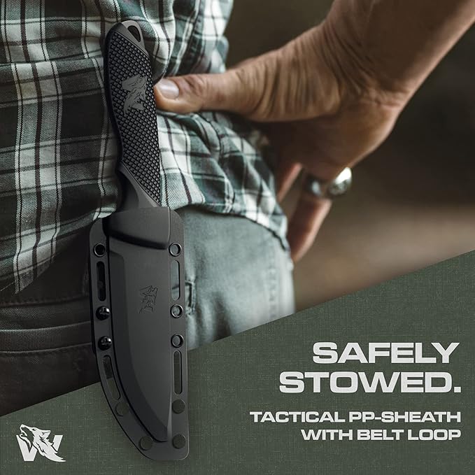 W-FLAT Full Tang Survival Knife with Sheath - Stylish Tactical Fixed Blade - Made of D2 Steel - Bushcraft and Camping Knife Survival - Perfect EDC Hunting Knife with TPE Handle
