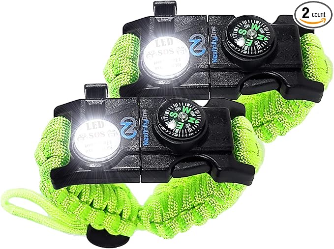 Survival Paracord Bracelet - Tactical Emergency Gear Kit with SOS LED Light, 550 Grade, Adjustable, Multitools, Fire Starter, Compass, and Whistle - Set of 2