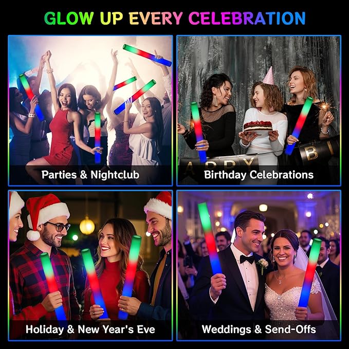 AOWDIAO 100 Pcs 16??Foam LED Glow Sticks, 3 Light Up Modes, Party Favors for Wedding, Festival & More
