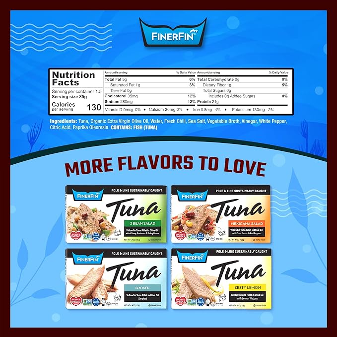 FinerFin Yellowfin Tuna Salad in Organic Olive Oil | Spicy Chili Flavor | Premium Canned Tuna Fish with EVOO | Gourmet Ready-to-Eat Wild-Caught Fillets | 4.4oz can - 12 Pack