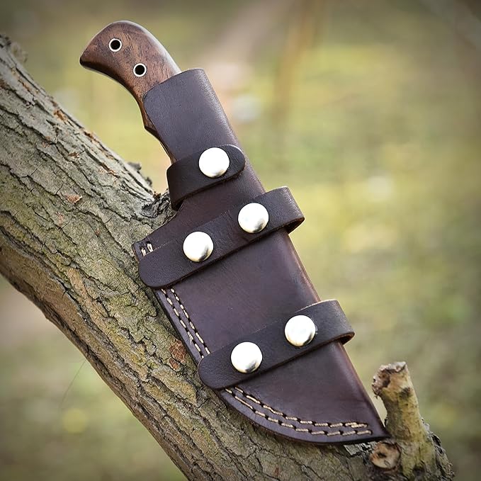 9.5" Handmade Damascus Knife with Leather Sheath | Elite Outdoor Companion | Damascus Steel Blade with Wood Handle | Dark Brown Handle with Sheath Included | Unparalleled Camping Performance