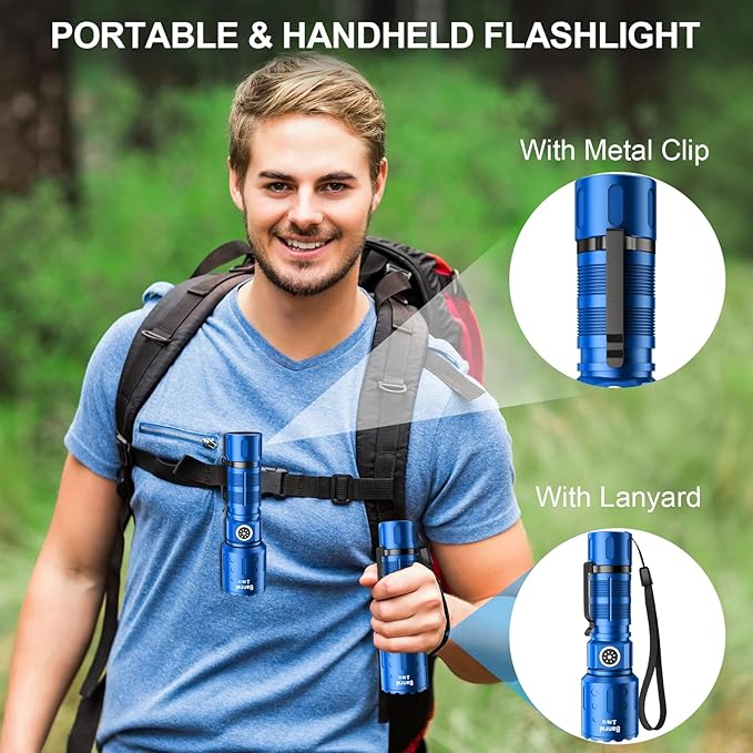 Flashlights High Lumens Rechargeable, Super Bright Long Range Small Powerful Flashlight, 6 Modes LED Tactical Pocket Waterproof Flash Light for Home Emergency (2, Blue)