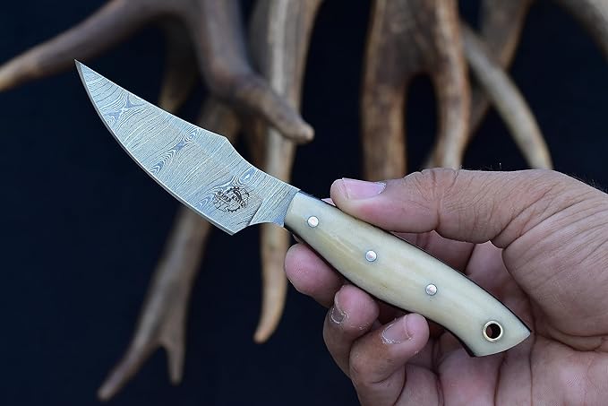 Knives Ranch Handmade EDC Fixed Blade Hunting Knife ??Forged Damascus Steel ??Bone Handle ??Horizontal Carry Sheath ??Outdoor Cowboy Knife (3180-B)