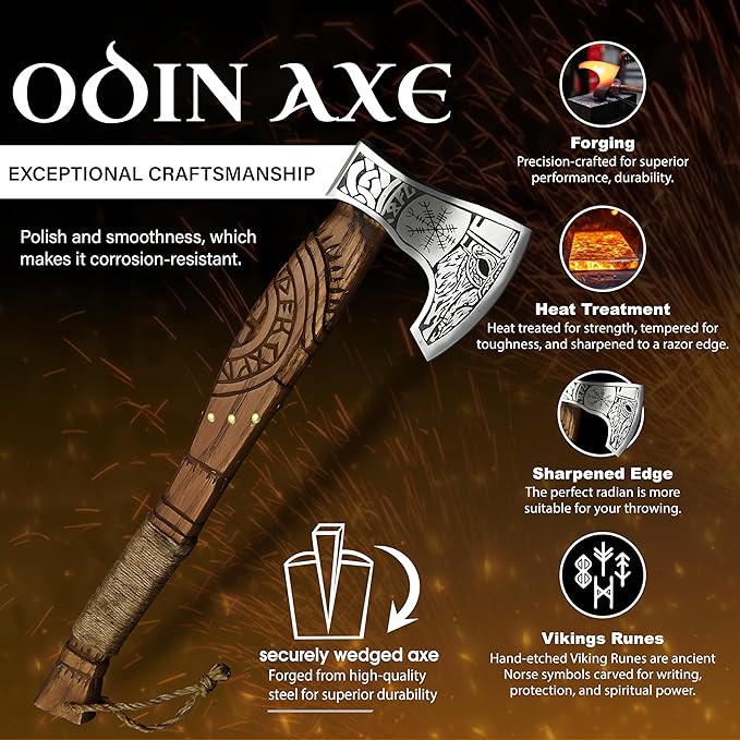 Viking Axe Forged High Carbon Steel Viking Axe | Balanced Ax | Odin Norse Bearded Axe | Camping Hatchet Axe | Sheath Included Handcrafted Ash Wood Shaft | Viking Gifts for Men