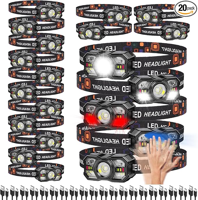KunHe 20 Pack Headlamp Flashlight Head Lamps led Rechargeable Headlight Motion Sensor Head Lamp 10 Mode for Outdoor Camping Gear Hiking Fishing Running Cycling Headlight Emergency Lights for Home