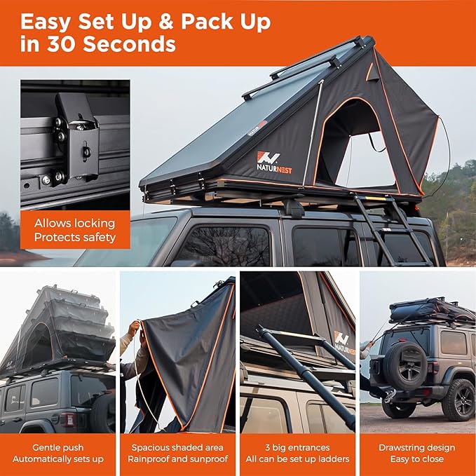 BAMACAR Naturnest Rooftop Tent Hard Shell 2-3 Person Nature Nest Roof Top Tent Hardshell For Jeep SUV Van Pickup Truck Vehicle Trailer Car Camping Hard Top Claim Shell Overland Car Roof Rack Top Tents