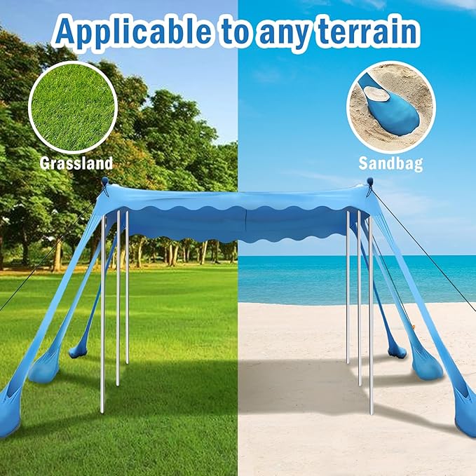 Beach Tent Sun Shelter, 10 x 10 FT Beach Canopy Tent Sun Shade, UPF50+ Protection with 6 Sandbags 6 Stability Poles, Outdoor Beach Shade Canopy for Camping, Fishing, Backyard