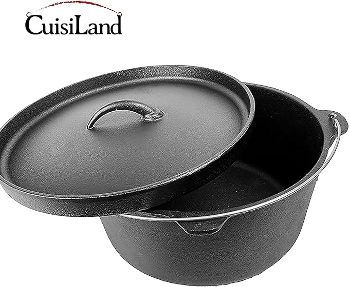 Cuisiland 20QT Cast Iron Dutch Oven with Lip Lid & Bail Handle – Extra Large Pre-Seasoned Campfire Pot for Outdoor Cooking, Baking, Roasting & Stews – Heavy-Duty Cookware for Camping & Backyard Use