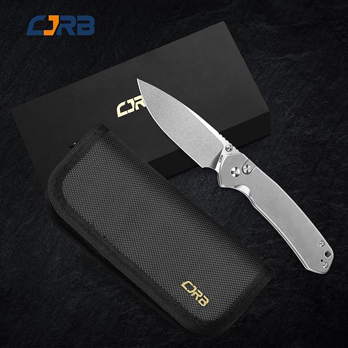 CJRB CUTLERY Pocket Knife Pyrite (J1925L) Button Lock EDC Large Foldable Knife AR-RPM9 Steel Blade and Stainless Steel Handle Silver Outdoor for Women Men for Gifts