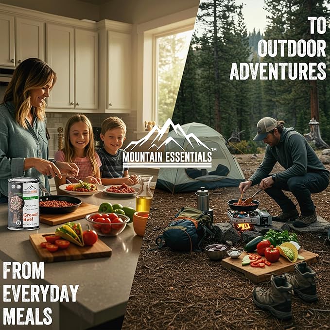 MOUNTAIN ESSENTIALS Ground Beef 14 Oz Fully Cooked Ready to Eat Hamburger Meat Emergency Survival Bulk Food Storage Canned Meat Perfect for Quick Meals 5 Years Shelf Life Made in USA Pack of 6