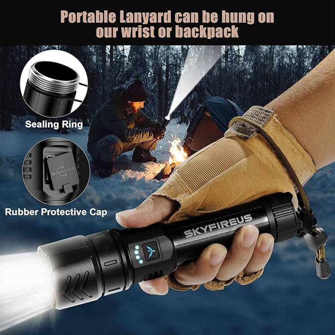 SKYFIRE LED Flashlights High Lumens,2000lm Super Bright Rechargeable Flashlight with Ignition Lens, Zoomable,Output,Waterproof Flash Light for Camping Essentials,Outdoor and Home(Black)