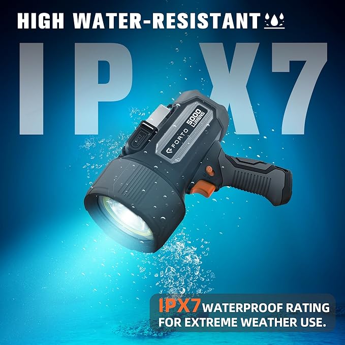 FORTO Rechargeable Spotlight 5000 Lumen Ultra Bright IPX7 Waterproof Spotlight, Boat Flashlight with EVA Carrying Case, 7 Light Modes Handheld Spotlight Flashlight for Marine Boat Hunting