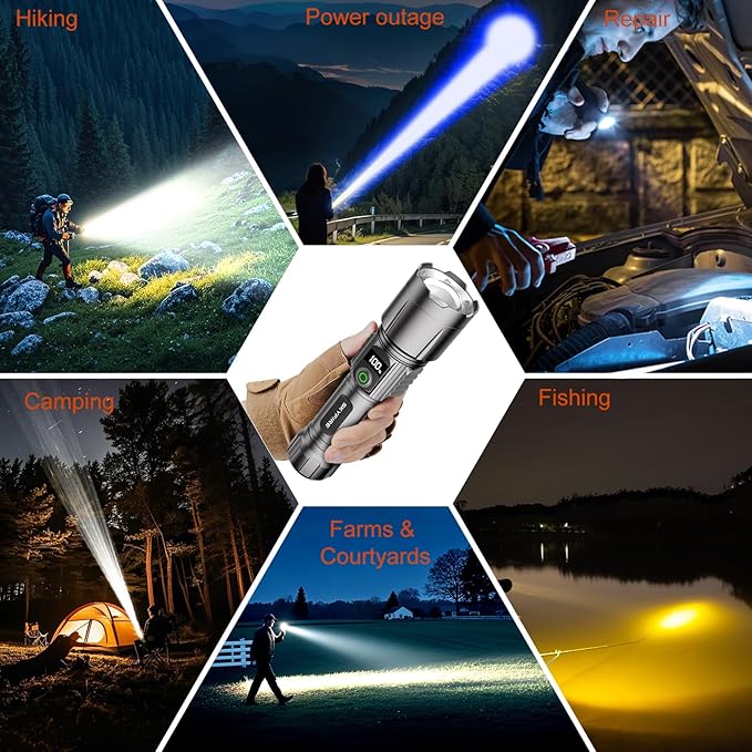 SKYFIRE Rechargeable Flashlights High Lumens with Ignition Lens,3000lm Super Bright Flashlight Zoomable 4 Modes Waterproof Powerful Tactical Torch Flash Light for Camping Essentials,Outdoor,Home&Gifts