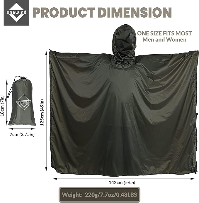 onewind Hooded Rain Poncho, Silnylon Rain Coat Versatile Survival Shelter Waterproof Breathable Lightweight Poncho