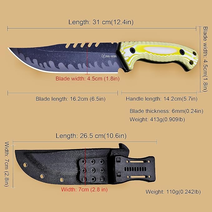 BA-KOR 12.4in Full Tang Fixed Blade Hunting Knife ??6mm 9CR18MoV Steel, G10 Handle, Stonewashed Sawback Blade with Kydex Sheath & Fire Starter for Outdoor, Camping, Survival (White and yellow stripes)