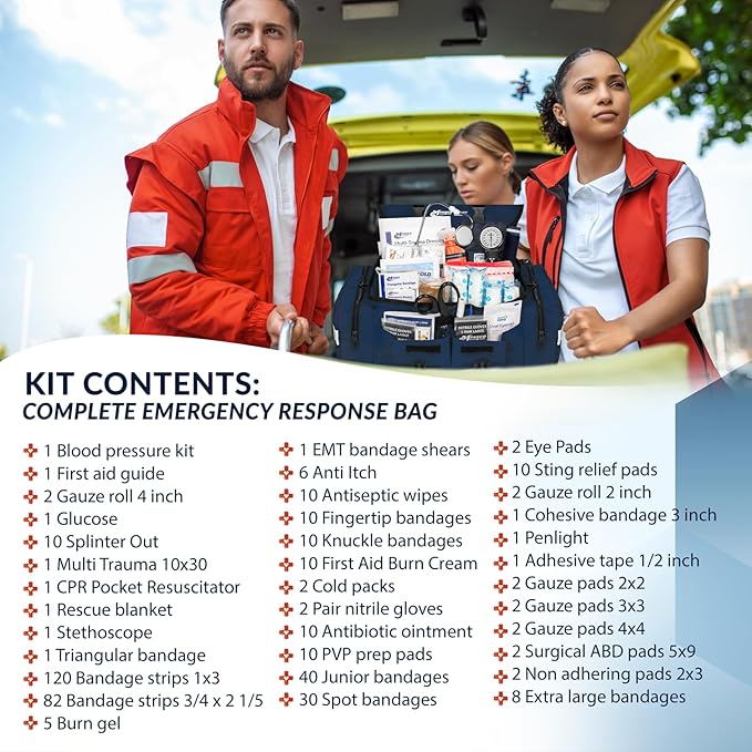 MFASCO First Aid Kit - Fully Stocked Portable Reflective Bag -First Responder Emergency Response Kit-for Natural Disaster Preparedness-Customizable Storage-Includes 415 Pcs First Aid Supplies- Blue