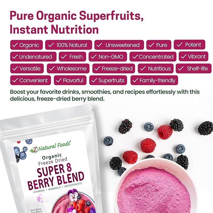 Z Natural Foods Super 8 Berry Blend - Organic Freeze Dried Berry Powder, Fruit Superfood Powder - Delicious Powdered Fruit Berry, Antioxidant Powder for Smoothies, Yogurts, Healthy Drink Mix, 1 lb