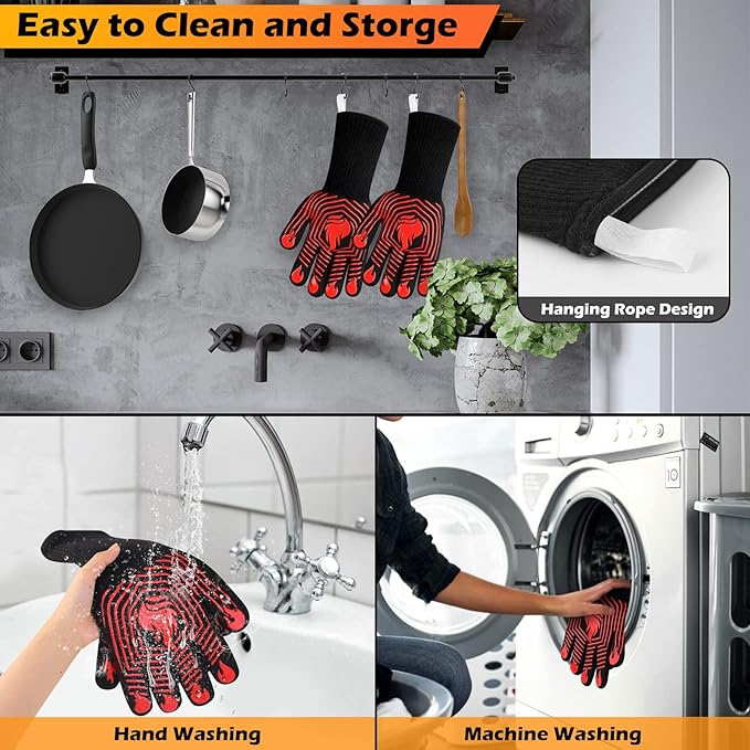 BBQ Gloves, 1472°F Heat Resistant Gloves Fireproof Mitts,Grilling Gloves Silicone Non-Slip Washable Oven Gloves, Kitchen Gloves for Barbecue, Grilling, Cooking, Baking, Camping, Smoker (Red)