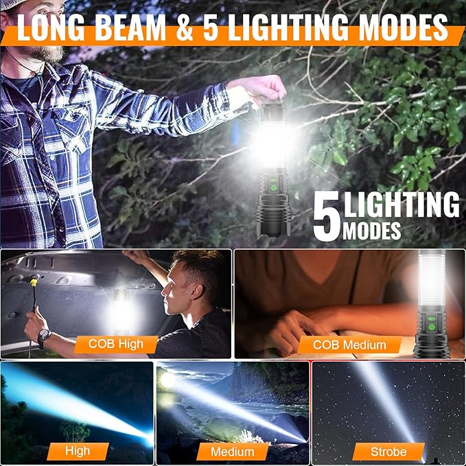 Hoxida Camping Lanterns Flashlight Rechargeable High Lumens- 2000 Meters Long Beam Super Bright LED Flashlight, Waterproof Camping Tent Lights 5 Modes, Zoomable Handheld Flashlight Lantern 4pcs