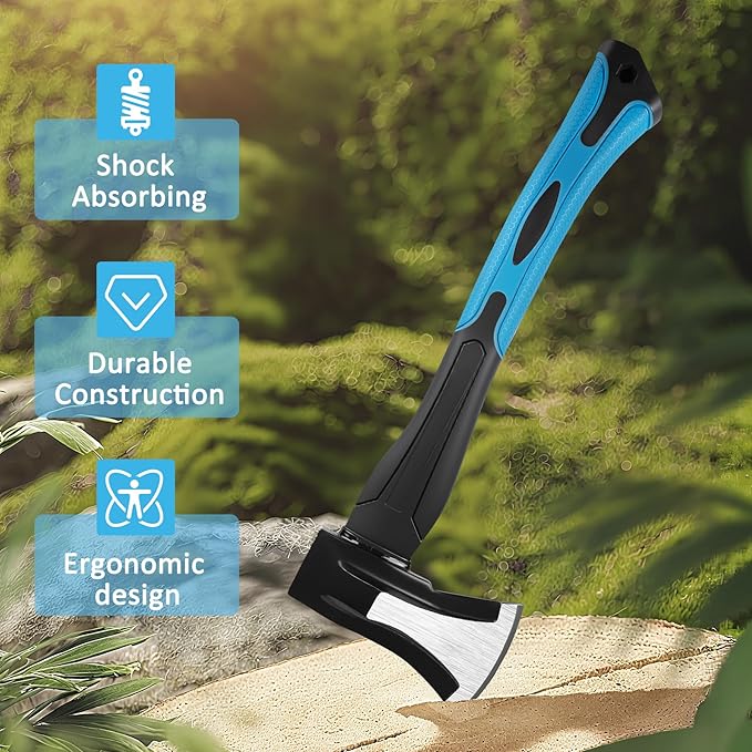 Splitting Axe, 14” Camping Outdoor Hatchet for Wood Splitting and Kindling, Forged Carbon Steel Heat Treated Hand Maul Tool, Fiberglass Shock Reduction Handle, Blue