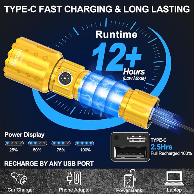 Flashlights High Lumens Rechargeable, Super Bright 1500 Meters Long Range Small Powerful Flashlight, 6 Modes LED Tactical Pocket Waterproof Flash Light for Home Emergency (1, Yellow Gold)