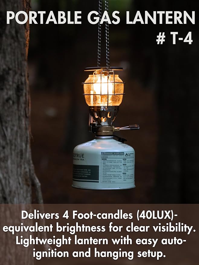 CAMPINGMOON Mini Gas Camping Lantern with Hanging Chain & Hard Case ??80W Equivalent Brightness, Adjustable Dial, Outdoor Portable Butane Lamp for Hiking, Backpacking, Emergency, Tent Lighting T-4