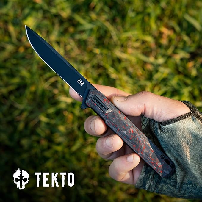 F2 Bravo Folding Pocket Knife - D2 Steel Blade, Ceramic Ball Bearings - EDC - Snap, Swift Flip for Camping - 2.4oz (68g), Forged Ember Handle, Black Titanium Accents (Tactical Patch Included)