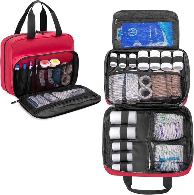 CURMIO Medical Storage Bag, Empty Emergency Kit Bag with Multiple Pockets, Portable First Aid Kit for Home Health Care Supplies, Travel, Camping, Red, Bag Only