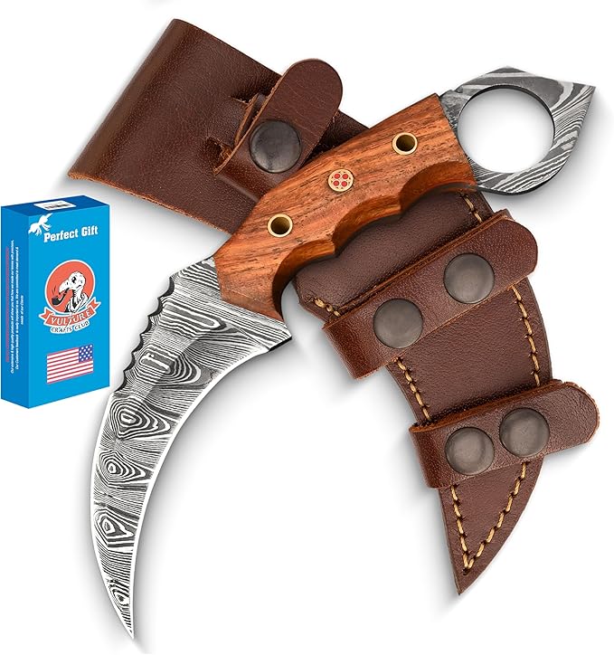 Damascus steel Handmade Knife, Survival claw Tactical teeth Knife Double edged sharp, Fixed Blade Knife With Sheath, Curved knife (Walnut Wood)