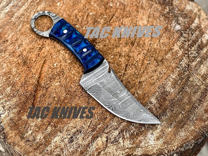 Bushcraft Survival Knife12T27 Damascus Steel Fixed Blade outdoor - Pakka Wood Handle - Pancake Leather Sheath - Traditional Field for Camping , Fishing, Hunting Knife, Men & Women - EDC Knife to Carry on Belt- (BLUE)