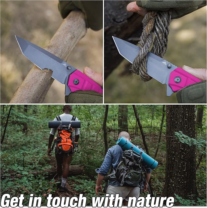 FLISSA Folding Pocket Knife, Tactical Knife with Liner Lock, Tanto Blade, Pocket Clip, Glass Breaker, Seatbelt Cutter, Perfect for Hunting, Camping, Survival (Pink)